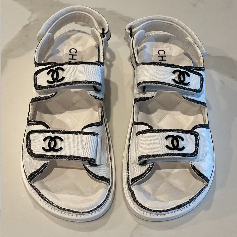 CHANEL Printed Calfskin Velcro Dad Sandals 37 White Black